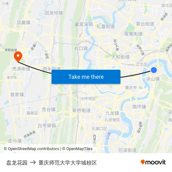 盘龙花园 to 重庆师范大学大学城校区 map
