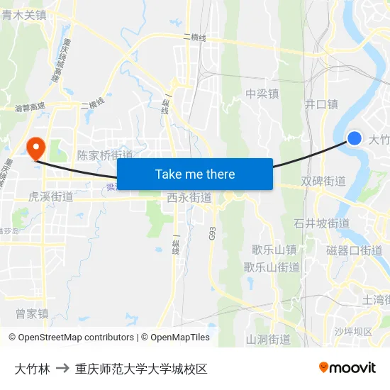大竹林 to 重庆师范大学大学城校区 map