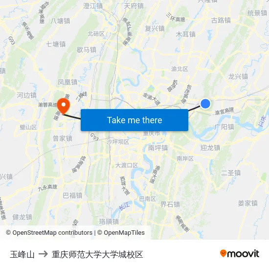 玉峰山 to 重庆师范大学大学城校区 map
