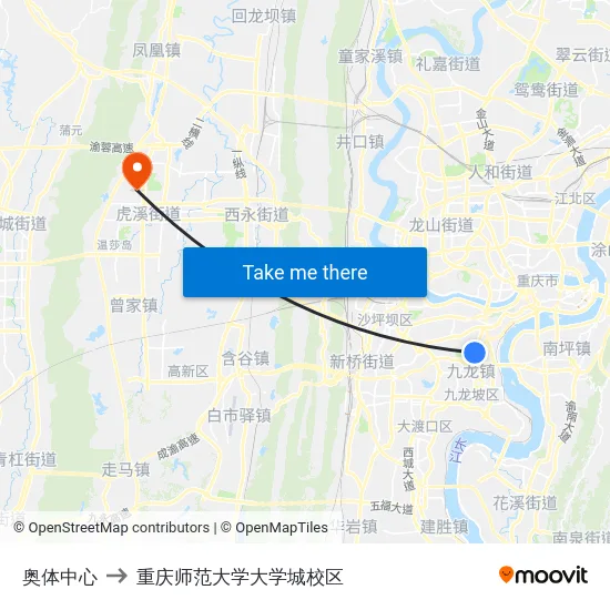 奥体中心 to 重庆师范大学大学城校区 map