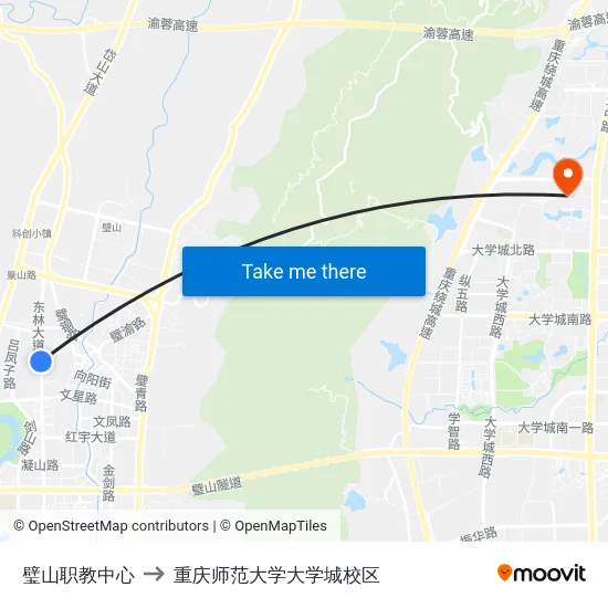璧山职教中心 to 重庆师范大学大学城校区 map