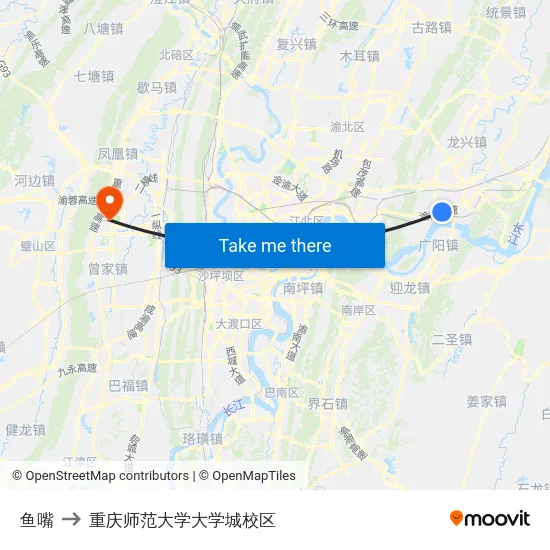 鱼嘴 to 重庆师范大学大学城校区 map