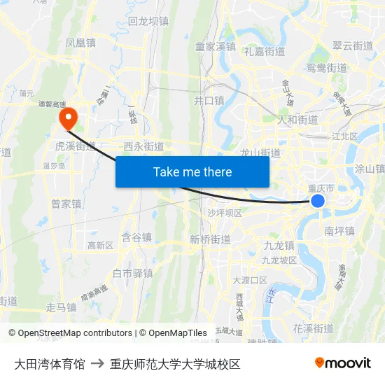 大田湾体育馆 to 重庆师范大学大学城校区 map