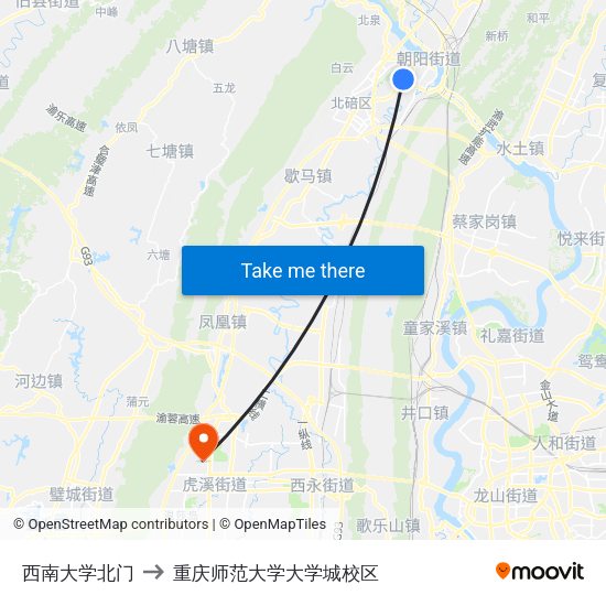 西南大学北门 to 重庆师范大学大学城校区 map