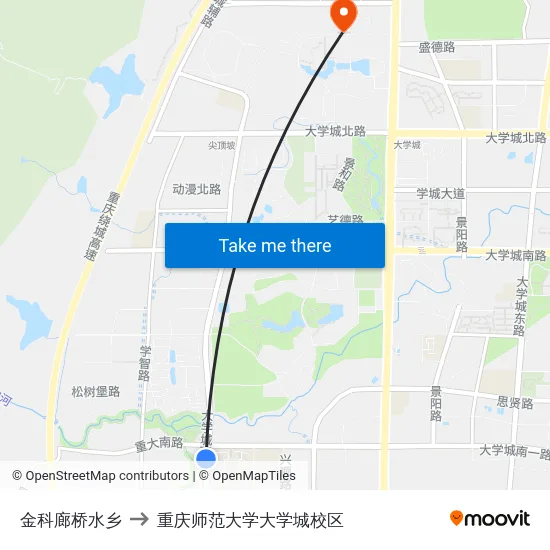 金科廊桥水乡 to 重庆师范大学大学城校区 map