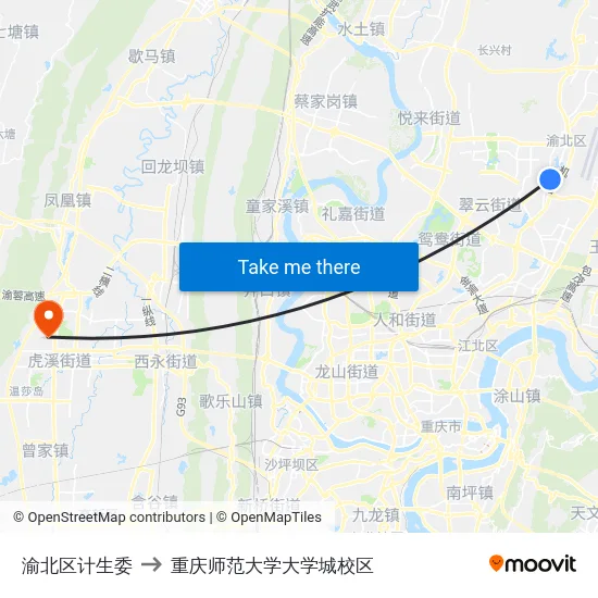 渝北区计生委 to 重庆师范大学大学城校区 map