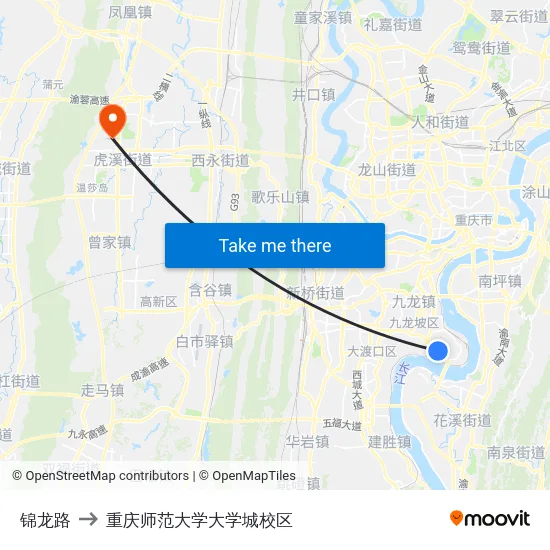 锦龙路 to 重庆师范大学大学城校区 map