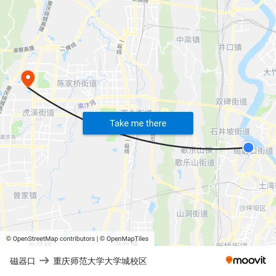 磁器口 to 重庆师范大学大学城校区 map