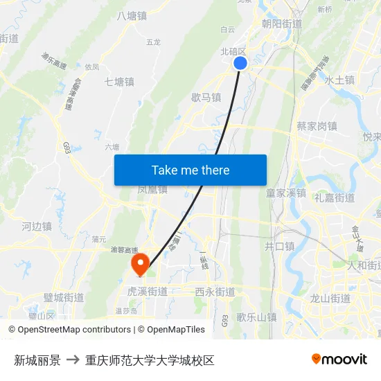 新城丽景 to 重庆师范大学大学城校区 map