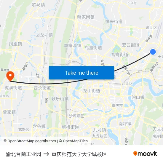 渝北台商工业园 to 重庆师范大学大学城校区 map