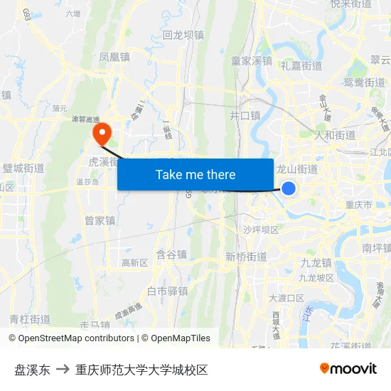 盘溪东 to 重庆师范大学大学城校区 map