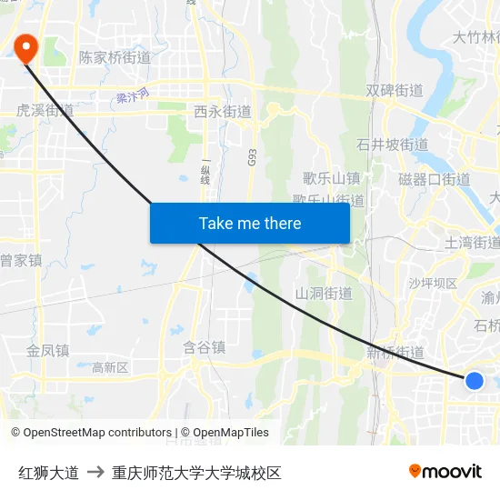 红狮大道 to 重庆师范大学大学城校区 map