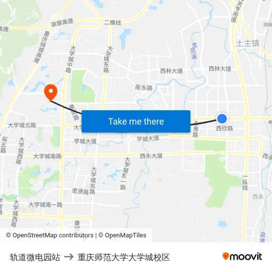 轨道微电园站 to 重庆师范大学大学城校区 map
