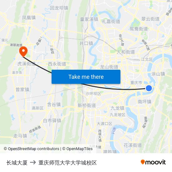 长城大厦 to 重庆师范大学大学城校区 map