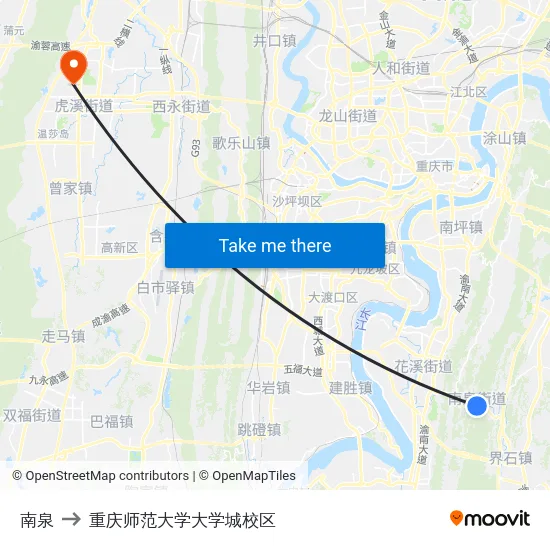 南泉 to 重庆师范大学大学城校区 map