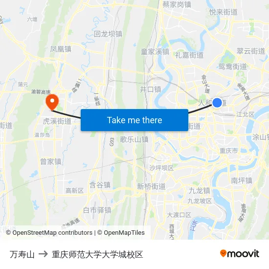 万寿山 to 重庆师范大学大学城校区 map