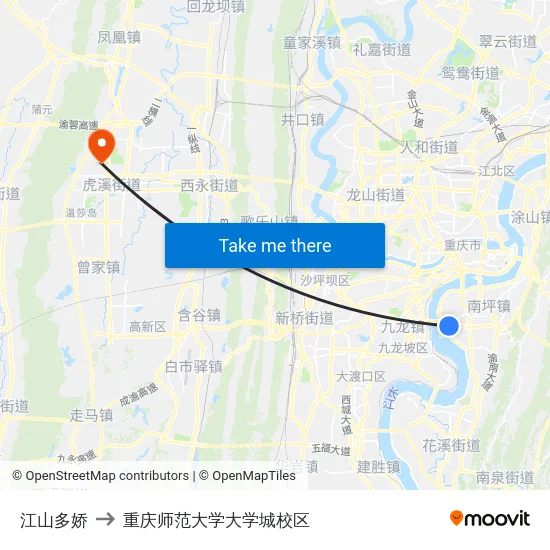 江山多娇 to 重庆师范大学大学城校区 map