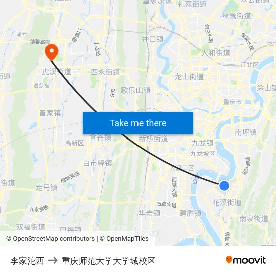 李家沱西 to 重庆师范大学大学城校区 map