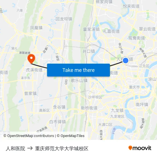 人和医院 to 重庆师范大学大学城校区 map