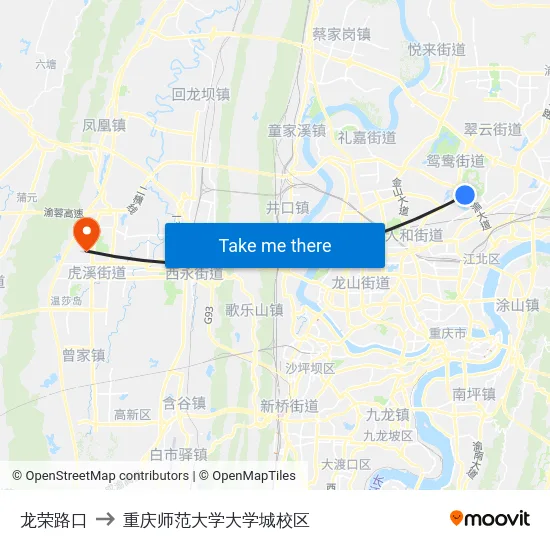 龙荣路口 to 重庆师范大学大学城校区 map
