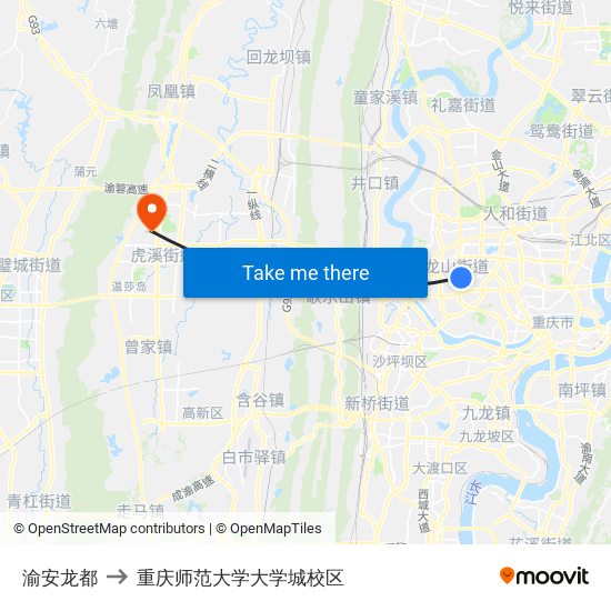 渝安龙都 to 重庆师范大学大学城校区 map