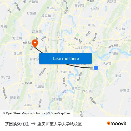 茶园换乘枢纽 to 重庆师范大学大学城校区 map