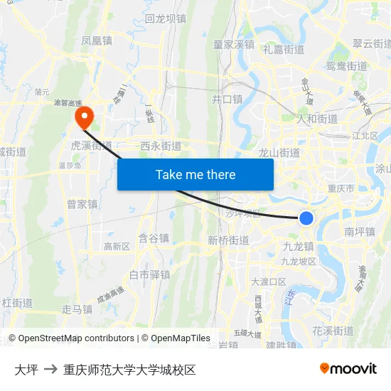 大坪 to 重庆师范大学大学城校区 map