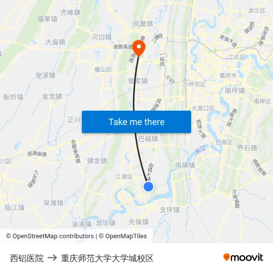 西铝医院 to 重庆师范大学大学城校区 map
