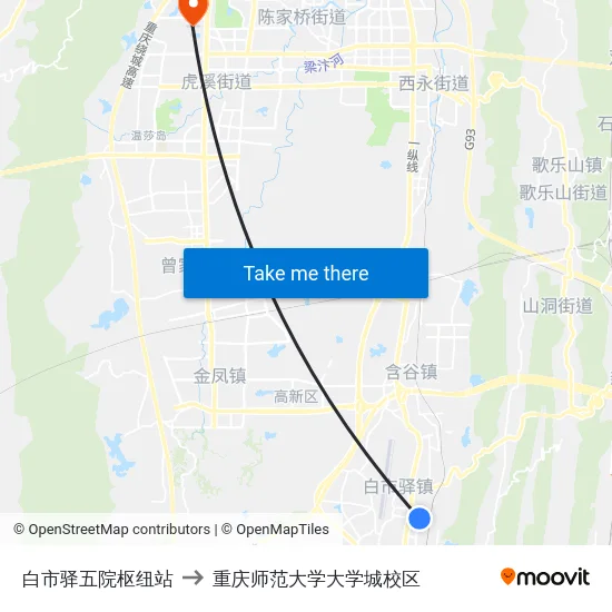 白市驿五院枢纽站 to 重庆师范大学大学城校区 map