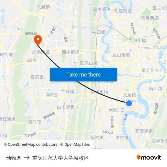 动物园 to 重庆师范大学大学城校区 map
