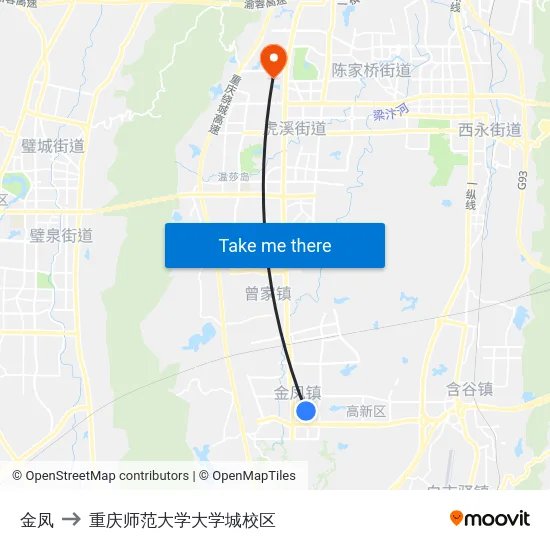 金凤 to 重庆师范大学大学城校区 map