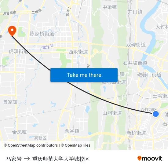 马家岩 to 重庆师范大学大学城校区 map