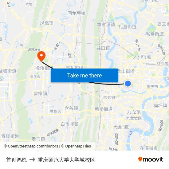 首创鸿恩 to 重庆师范大学大学城校区 map