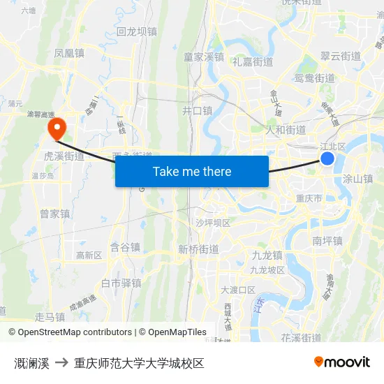 溉澜溪 to 重庆师范大学大学城校区 map