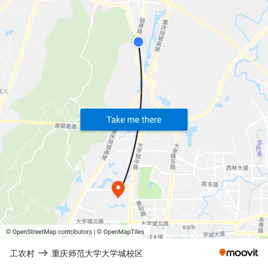 工农村 to 重庆师范大学大学城校区 map
