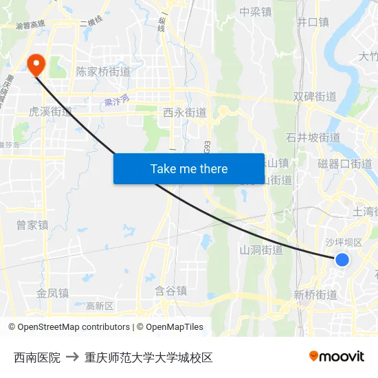 西南医院 to 重庆师范大学大学城校区 map