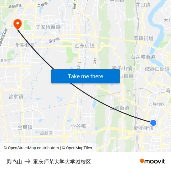 凤鸣山 to 重庆师范大学大学城校区 map