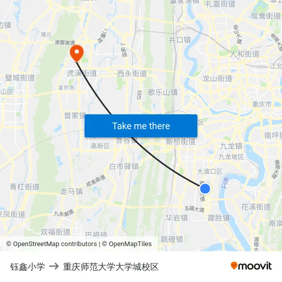 钰鑫小学 to 重庆师范大学大学城校区 map