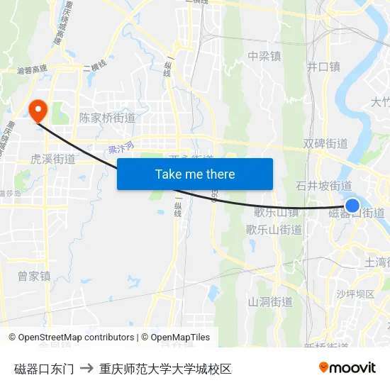 磁器口东门 to 重庆师范大学大学城校区 map