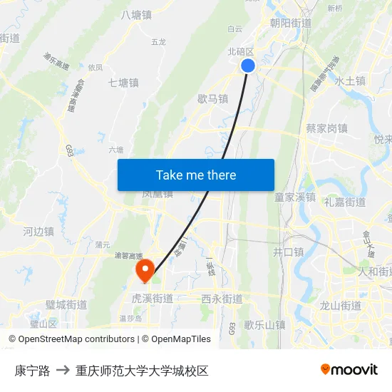 康宁路 to 重庆师范大学大学城校区 map