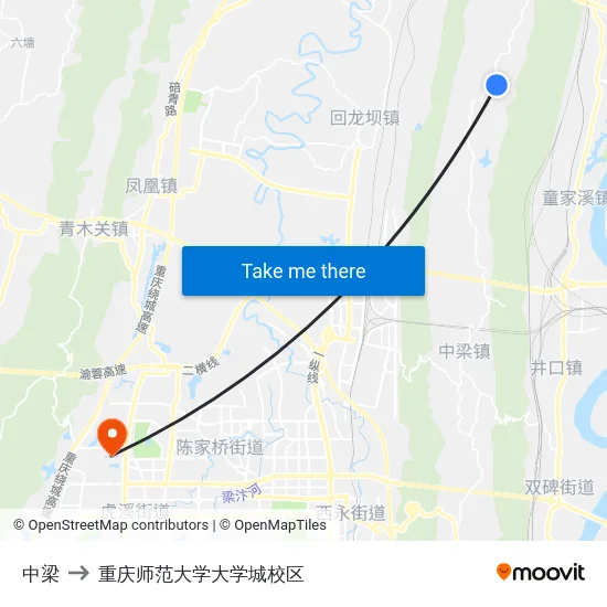 中梁 to 重庆师范大学大学城校区 map