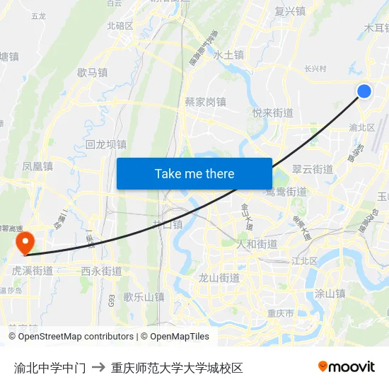 渝北中学中门 to 重庆师范大学大学城校区 map