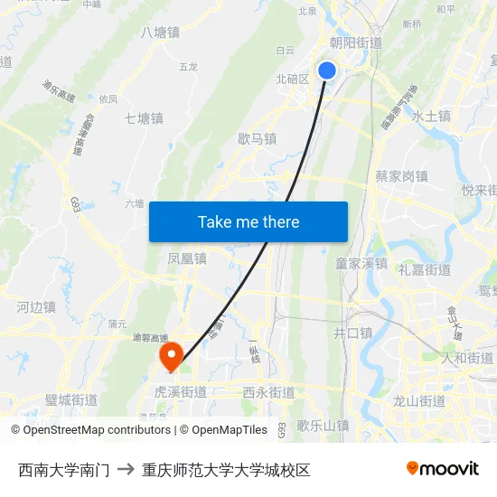 西南大学南门 to 重庆师范大学大学城校区 map