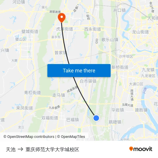 天池 to 重庆师范大学大学城校区 map