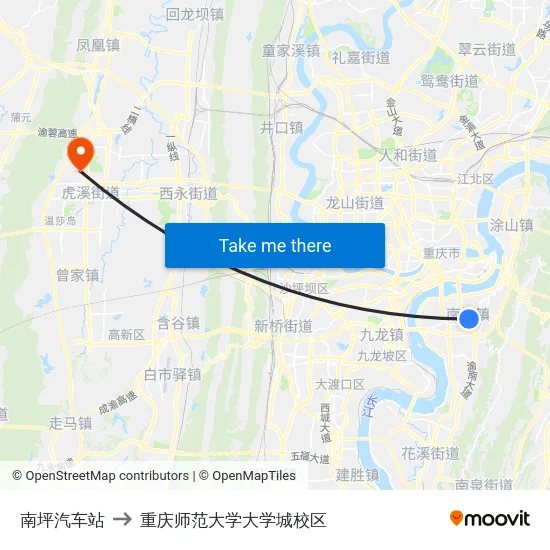 南坪汽车站 to 重庆师范大学大学城校区 map