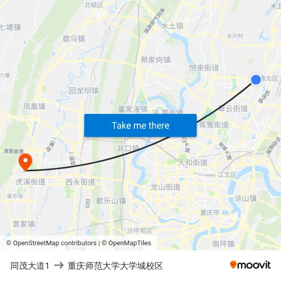 同茂大道1 to 重庆师范大学大学城校区 map