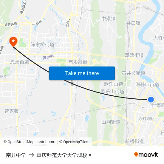 南开中学 to 重庆师范大学大学城校区 map