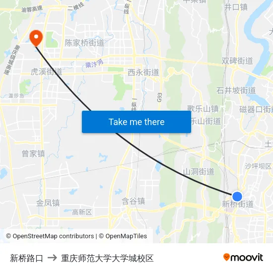 新桥路口 to 重庆师范大学大学城校区 map