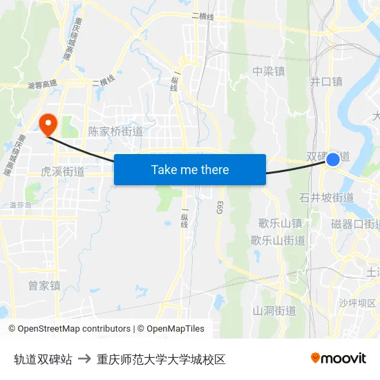 轨道双碑站 to 重庆师范大学大学城校区 map