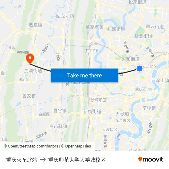 重庆火车北站 to 重庆师范大学大学城校区 map